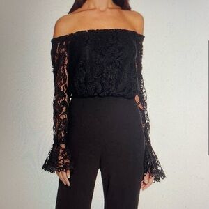 Adrianna Papell Black Lace Bodice Crepe Bell Sleeve Off Shoulder Jumpsuit Size 8